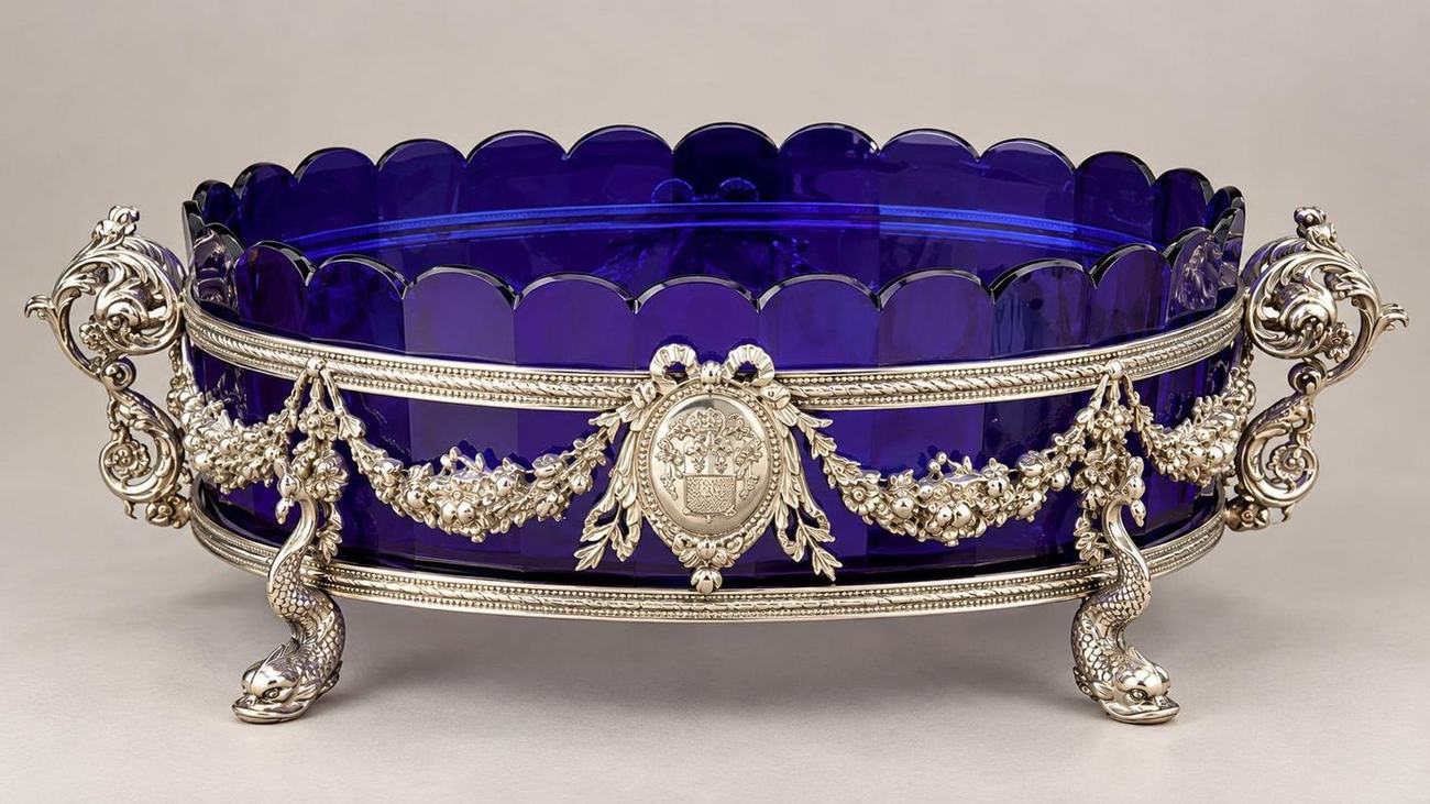 Jardinière en argent et verre bleu