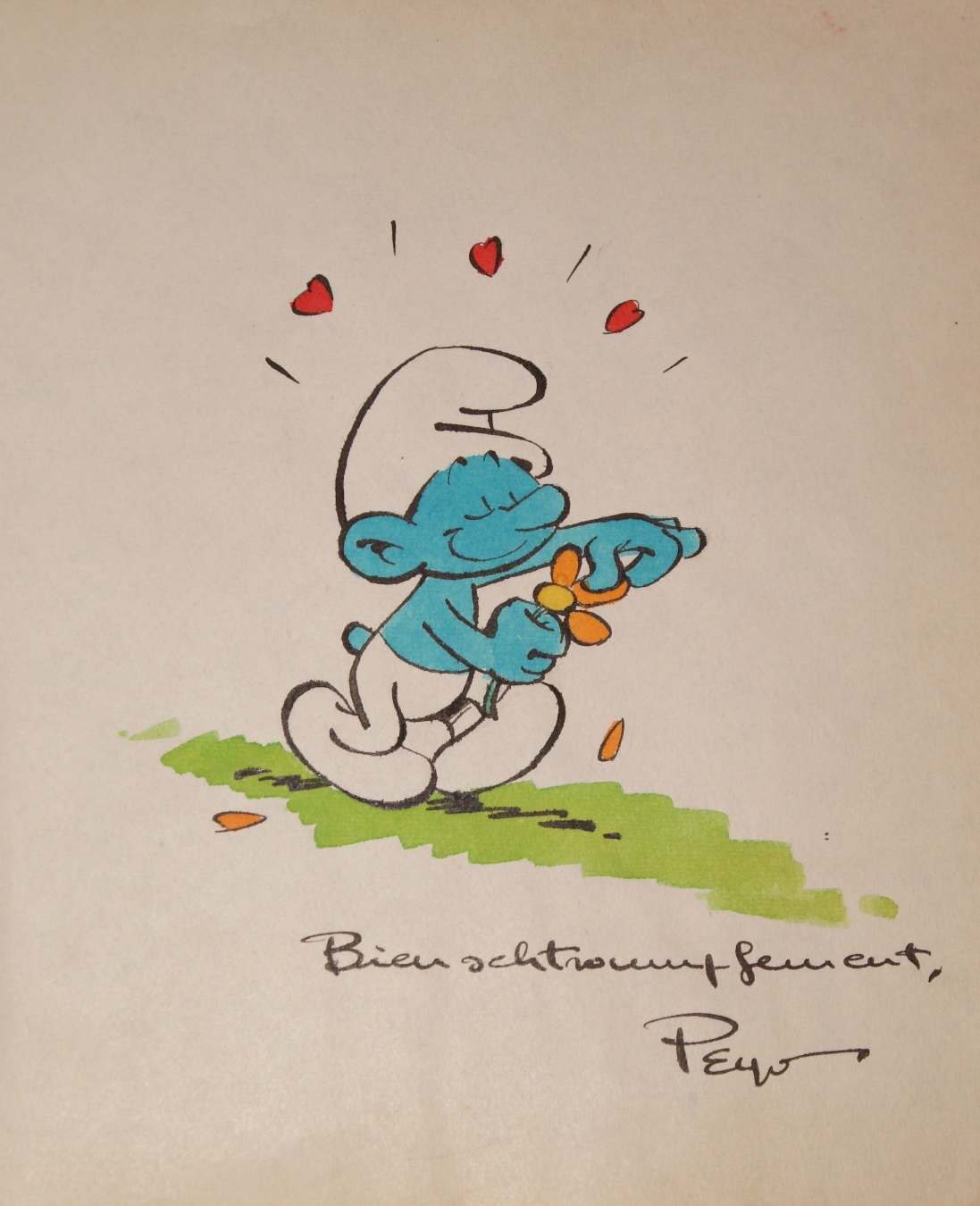 Dessin original dédicacé de Peyo, Schtroumpf